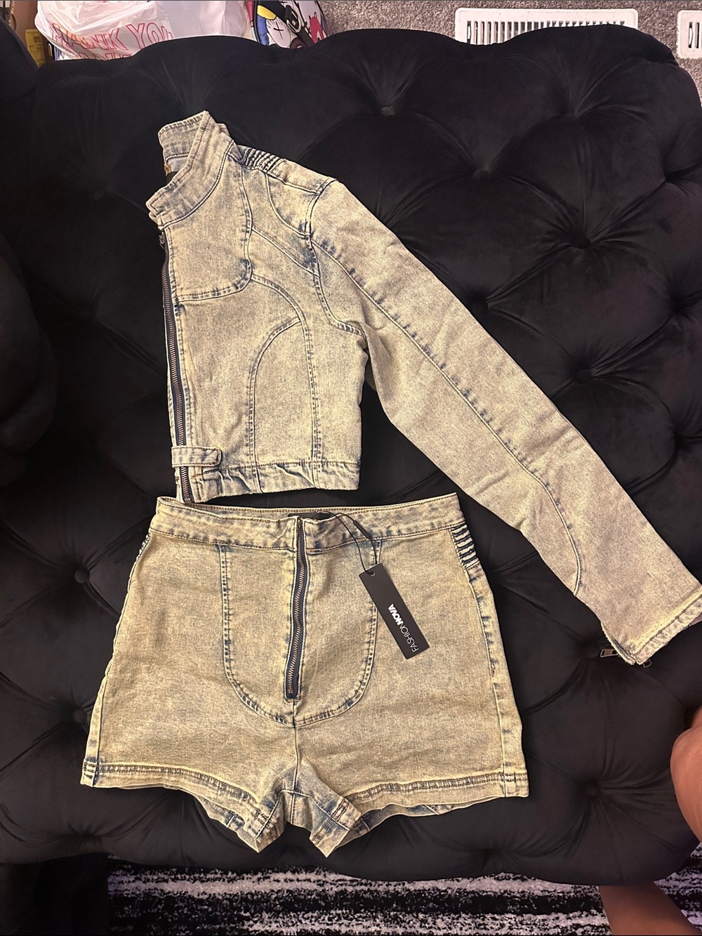 Light Gray Acid-Wash High-Rise Jean Shorts Set